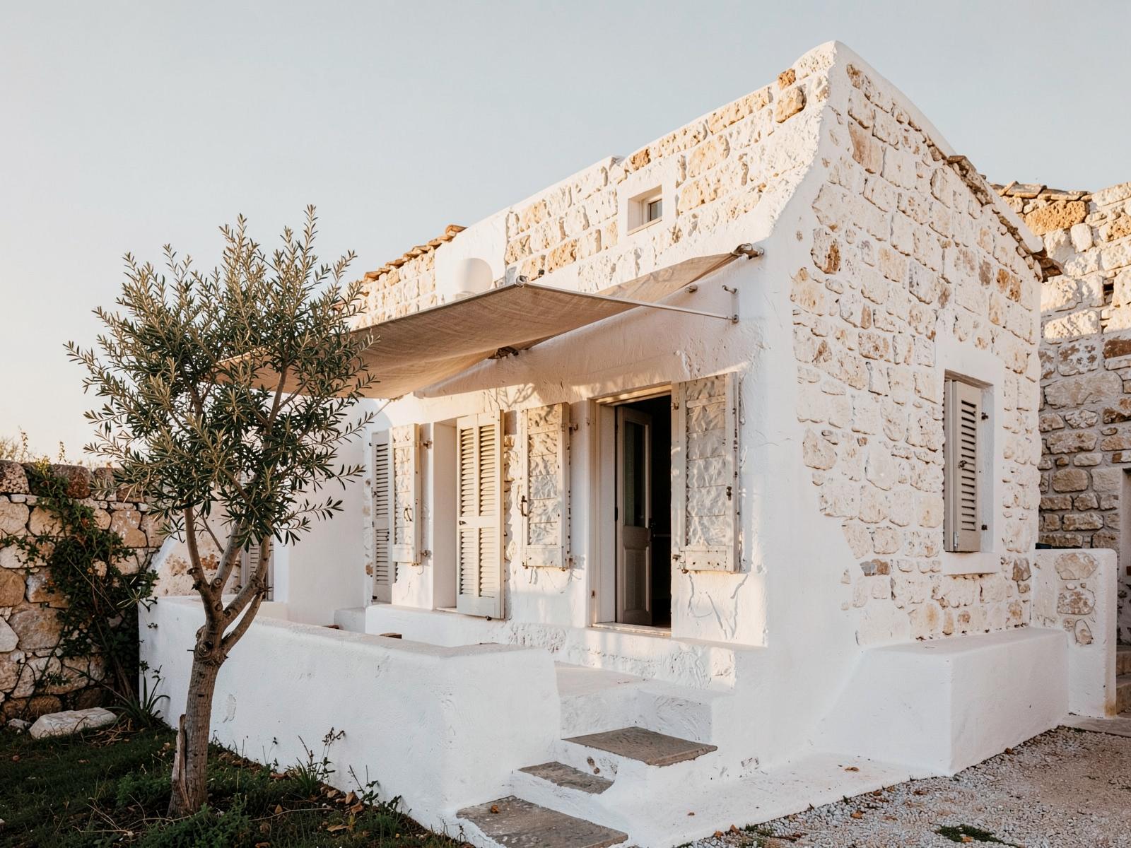 Placeholder photograph: whitewashed stone holiday home with olive tree in western Sicily