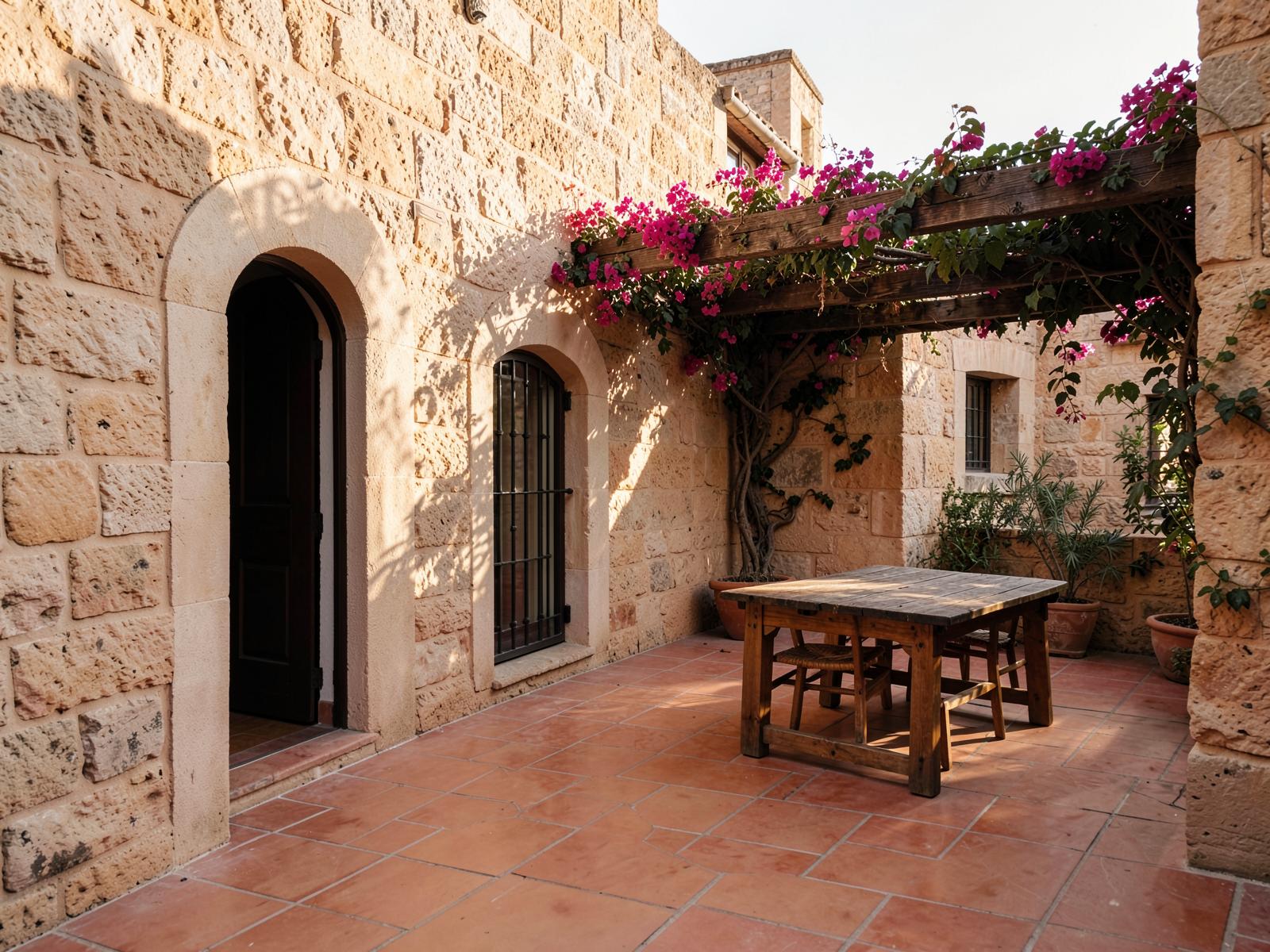 Placeholder photograph: stone courtyard with pergola and bougainvillea in western Sicily