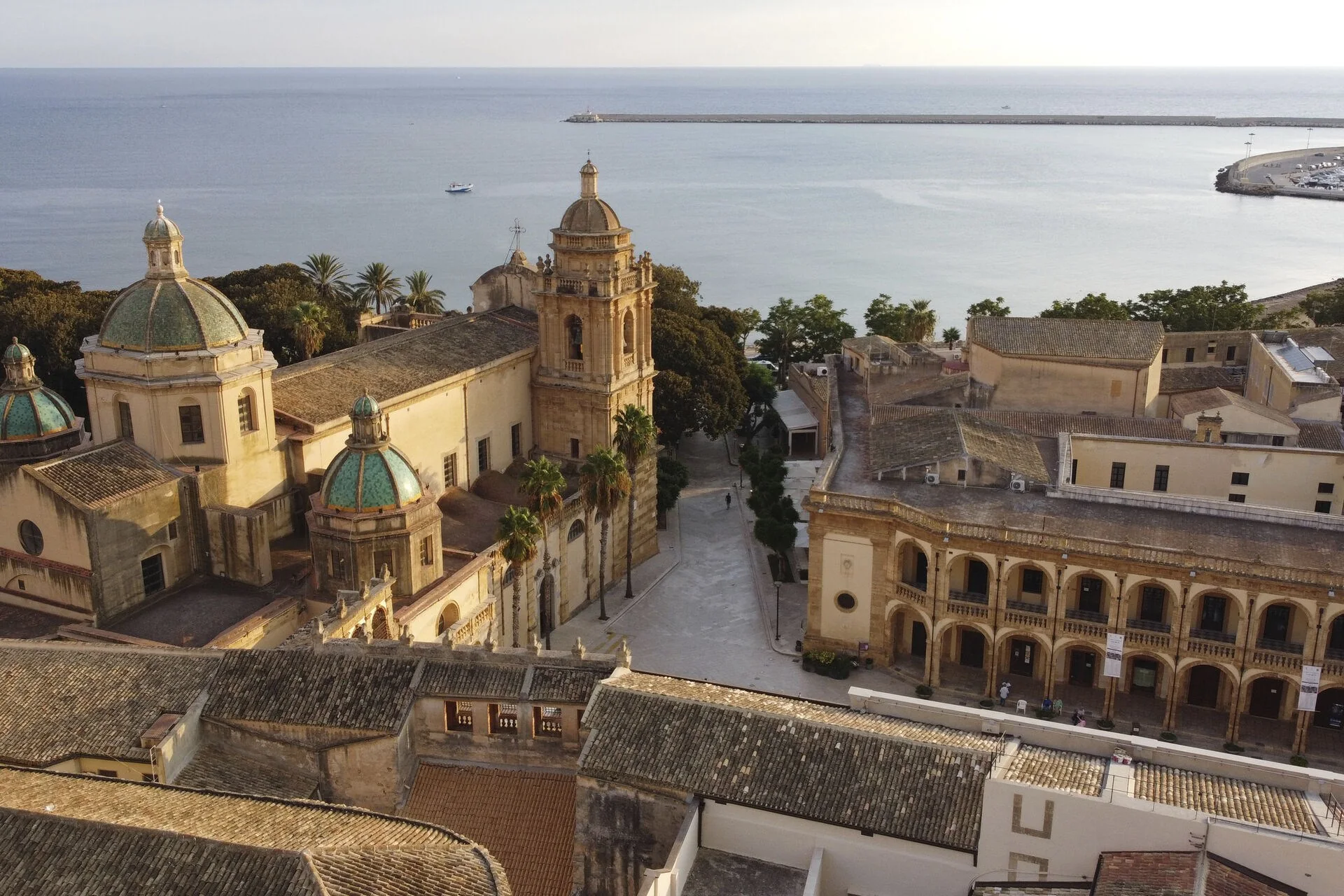 Aerial view of Mazara del Vallo, its cathedral and Mediterranean coastline