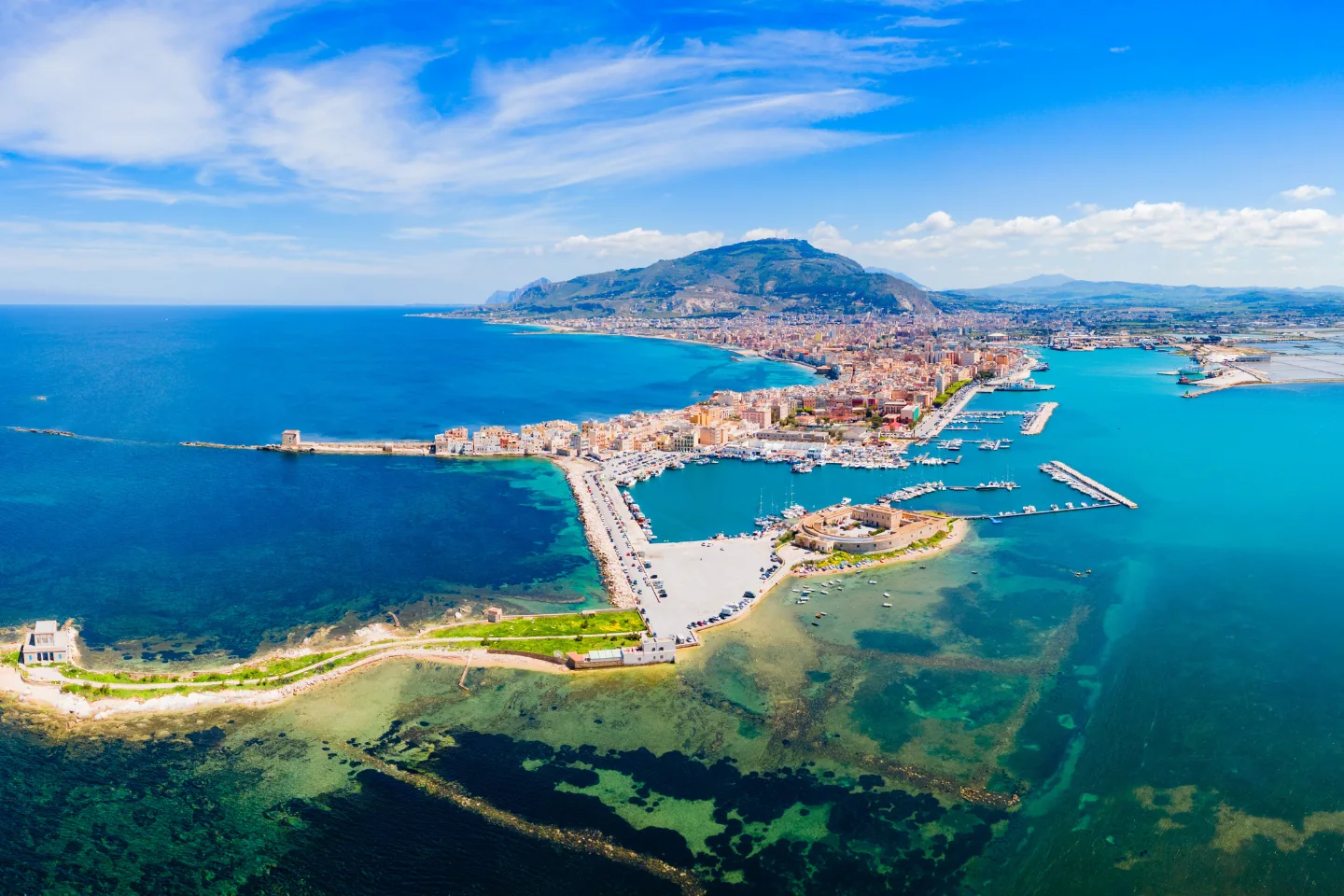 Aerial view of Trapani, its harbour and coastline in western Sicily